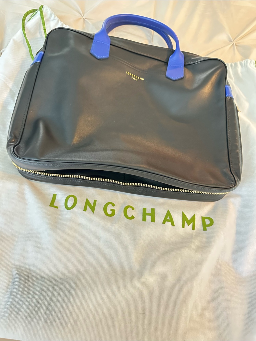 Longchamp Black Laptop Bag with Blue Handles